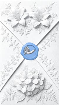 Sobre Bautizo paloma celeste: Papel blanco con lirios en relieve y sello azul cielo con paloma de plata; abre a un forro celeste.