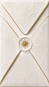 Sobre Art déco oro: Papel marfil con relieve art déco: el sello de sol dorado truena y se abre a un forro de oro.