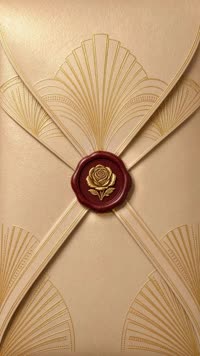 Sobre Art déco vino: Papel champaña y sello vino con una rosa dorada; dentro, forro vino con abanicos de oro.