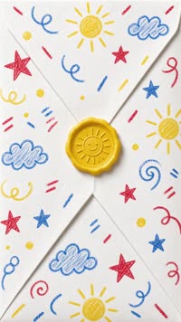 Sobre Crayolas: Sello amarillo con sol; sale confeti de colores.