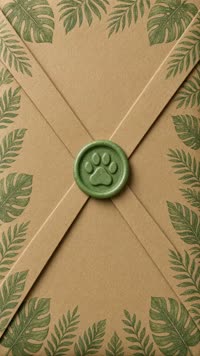 Sobre Selva kraft: Sello verde con huellita; salen hojitas y confeti dorado.