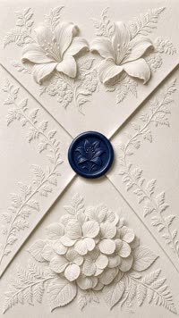 Sobre Lirios azul marino: Lirios e hortensias en relieve blanco y lacre azul marino; forro azul profundo.