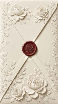 Sobre Marfil con rosas: Papel marfil con peonías en relieve y lacre vino; se abre a un forro dorado.