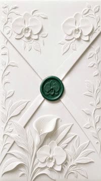 Sobre Orquídeas esmeralda: Orquídeas en relieve y sello de cera esmeralda; se abre a un forro verde profundo.