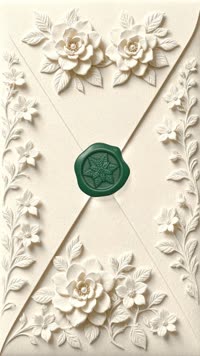 Sobre Posada nochebuena: Papel marfil con gardenias en relieve y sello verde pino con nochebuena; abre a un forro rojo navideño.