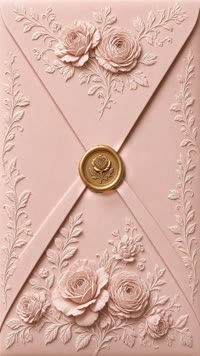 Sobre Rosa palo en relieve: Papel rosa palo con rosas en relieve y sello de oro.