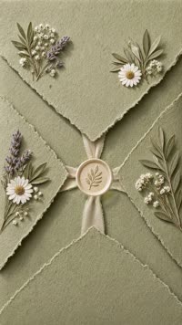 Sobre Salvia y flores secas: Papel salvia de orilla rasgada con margaritas y lavanda secas, listón y lacre marfil.