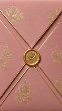 Sobre Terciopelo rosa y oro: Papel rosa viejo con rosas y filos dorados; sello de oro y forro dorado.