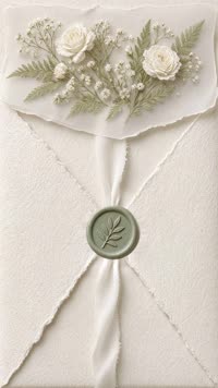 Sobre Vellum salvia: Papel de algodón con vellum de rosas blancas, listón de seda y lacre salvia.