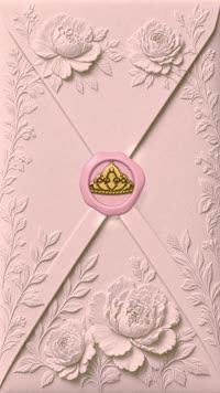 Sobre XV tiara rosa y oro: Papel rosa palo con peonías en relieve y sello rosa con tiara de oro; abre a un forro rosa metálico.