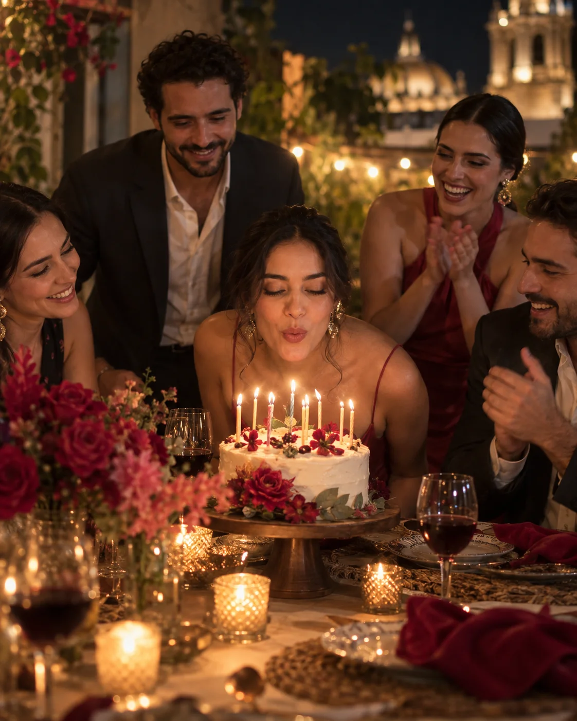 Una mujer sopla las velas rodeada por sus amigos durante una cena