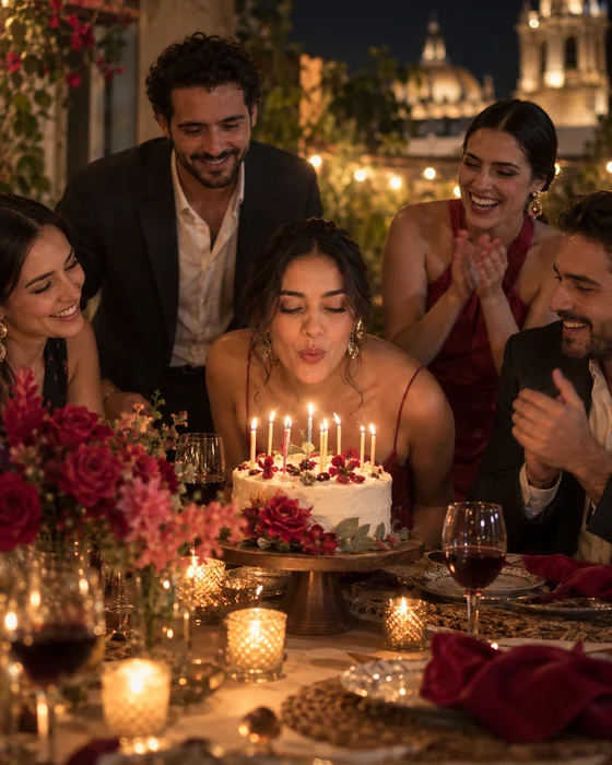 Una mujer celebra su cumpleaños rodeada de amigos