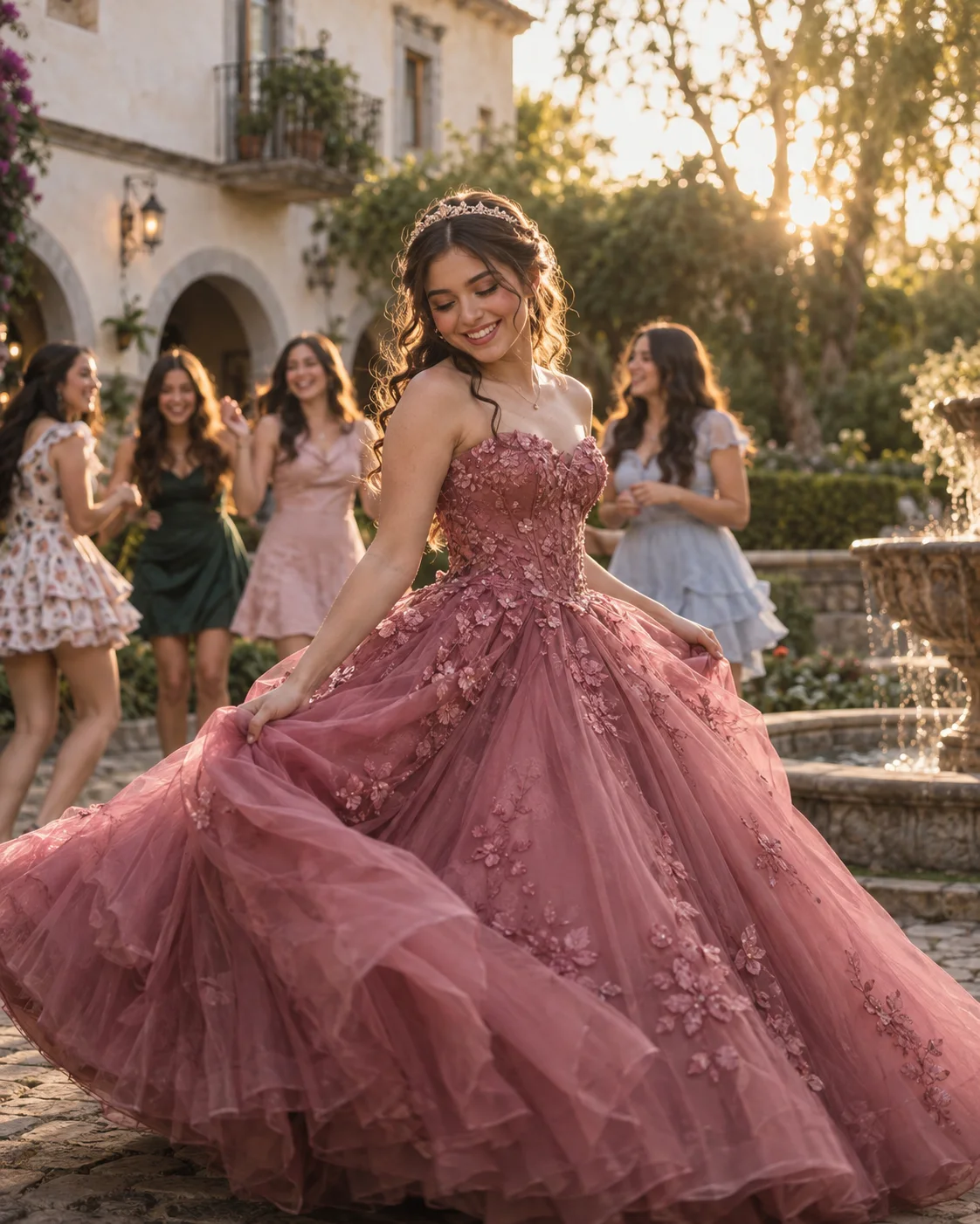 Quinceañera con vestido frambuesa rodeada de sus amigas